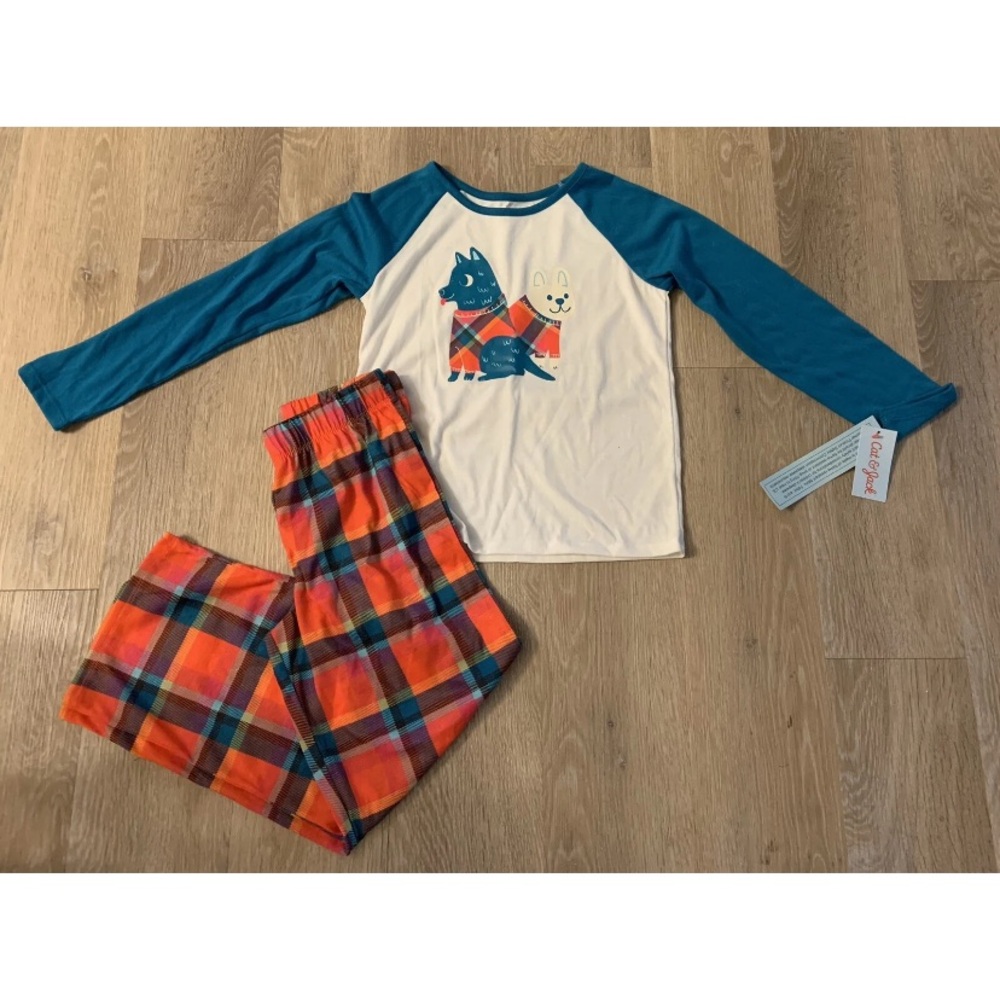 (NWT) Cat & Jack Girl’s Size 8 Orange & Blue Plaid 2 Pc Pajama Set